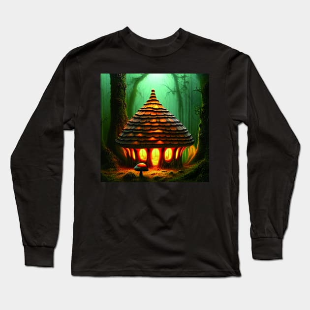 Magical Big Cottage Mushroom House with Lights in Forest with High Trees, Mushroom Aesthetic Long Sleeve T-Shirt by Promen Art